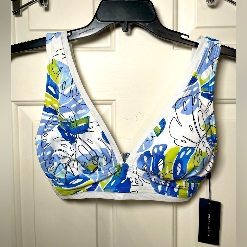 Tommy Hilfiger Printed Bikini Top Womens SP Swimsuit White Hook Back